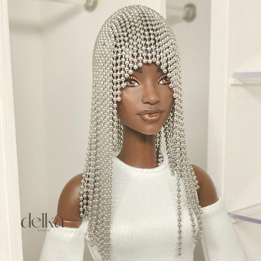 Metallic Beaded Doll Wig, 1/6 Scale, Fashion Doll Accessory