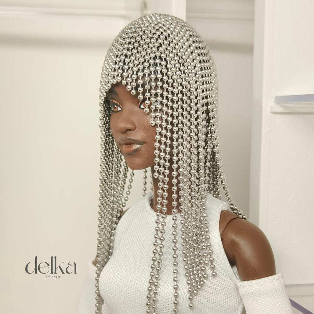 Metallic Beaded Doll Wig, 1/6 Scale, Fashion Doll Accessory