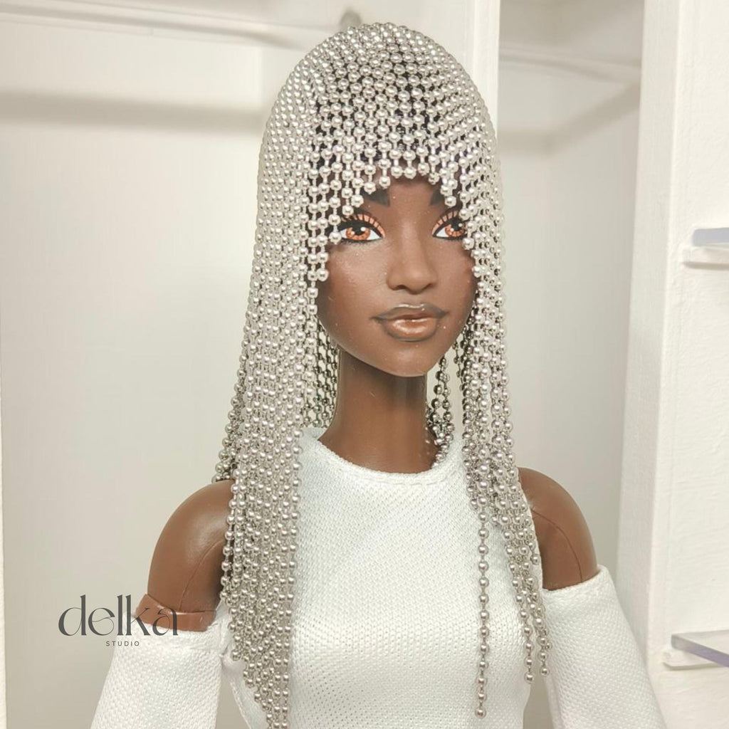 Metallic Beaded Doll Wig, 1/6 Scale, Fashion Doll Accessory