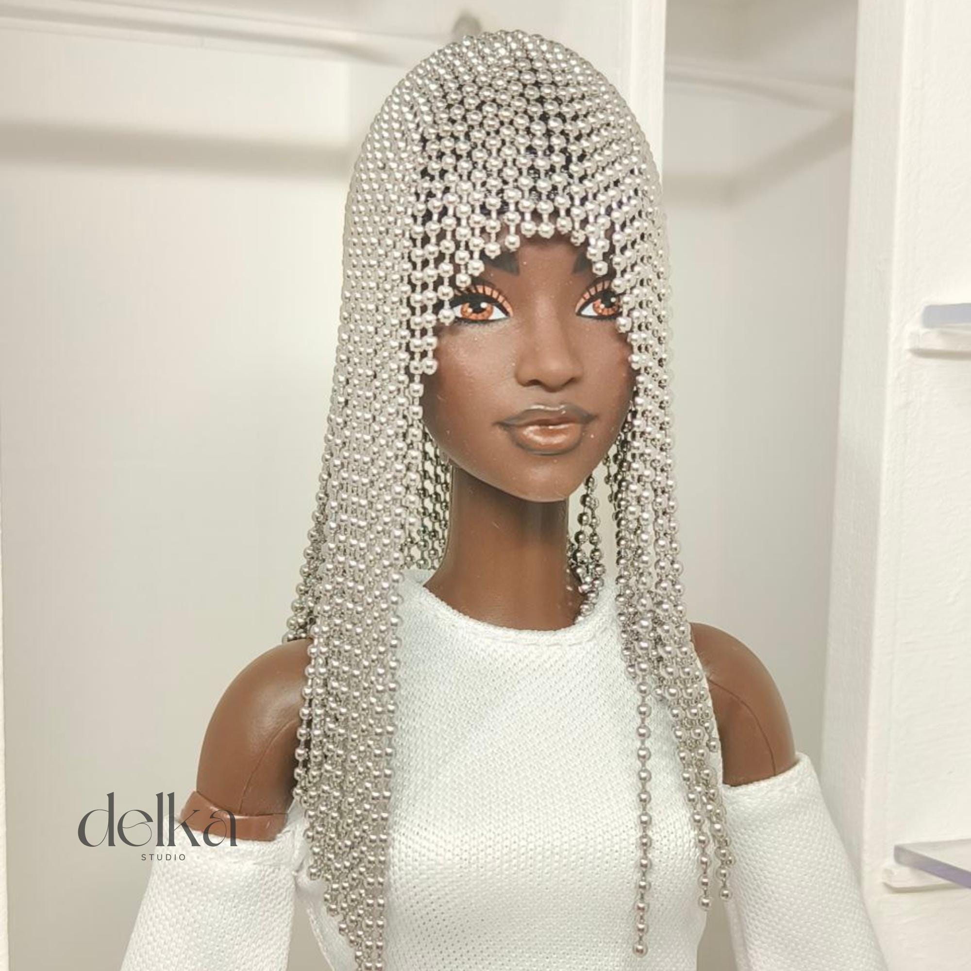Metallic Beaded Doll Wig, 1/6 Scale, Fashion Doll Accessory