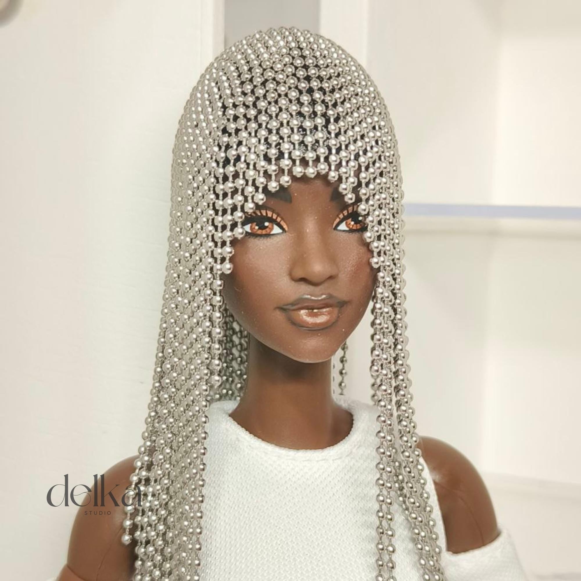 Metallic Beaded Doll Wig, 1/6 Scale, Fashion Doll Accessory