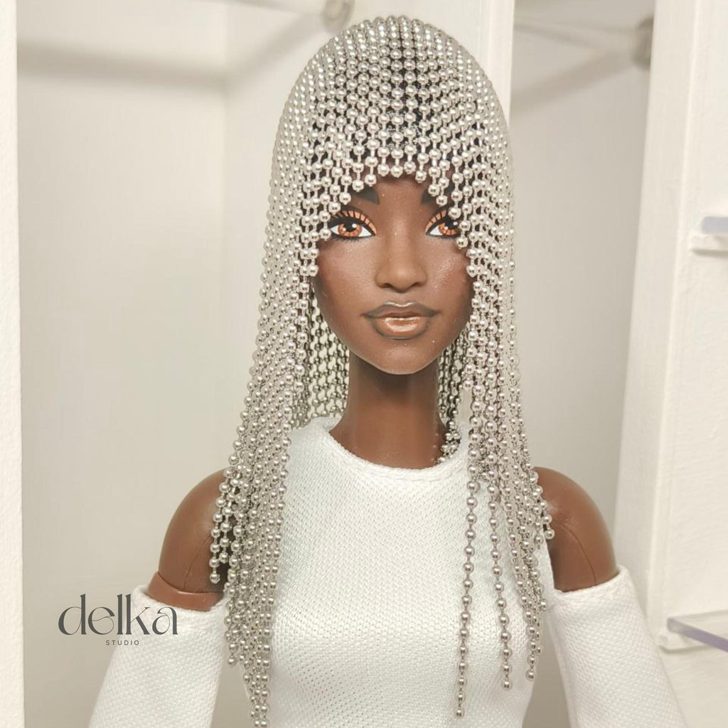 Metallic Beaded Doll Wig, 1/6 Scale, Fashion Doll Accessory
