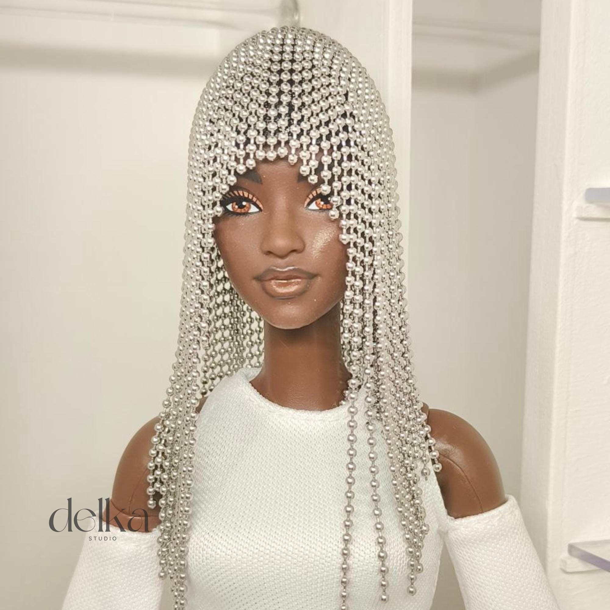 Metallic Beaded Doll Wig, 1/6 Scale, Fashion Doll Accessory
