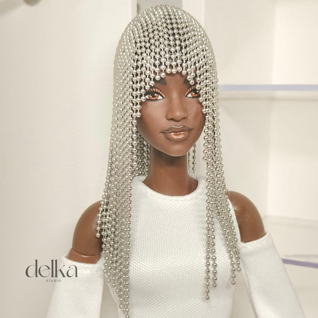 Metallic Beaded Doll Wig, 1/6 Scale, Fashion Doll Accessory