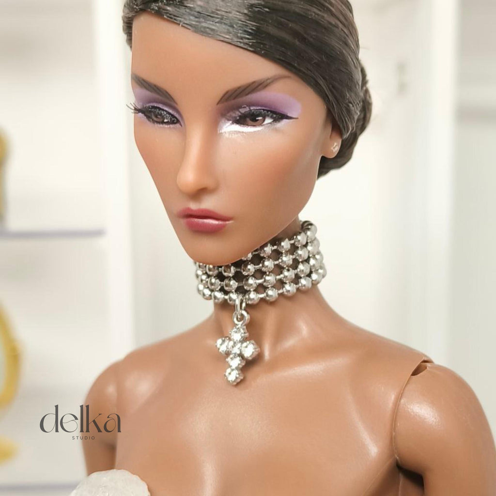 Ball Bead Choker with Cross, 12 inch Necklace for Fashion Royalty Dolls