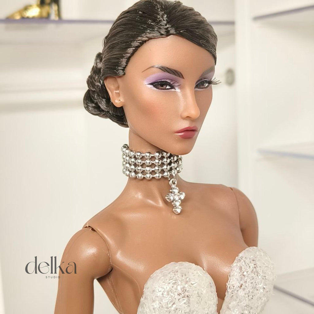 Ball Bead Choker with Cross, 12 inch Necklace for Fashion Royalty Dolls