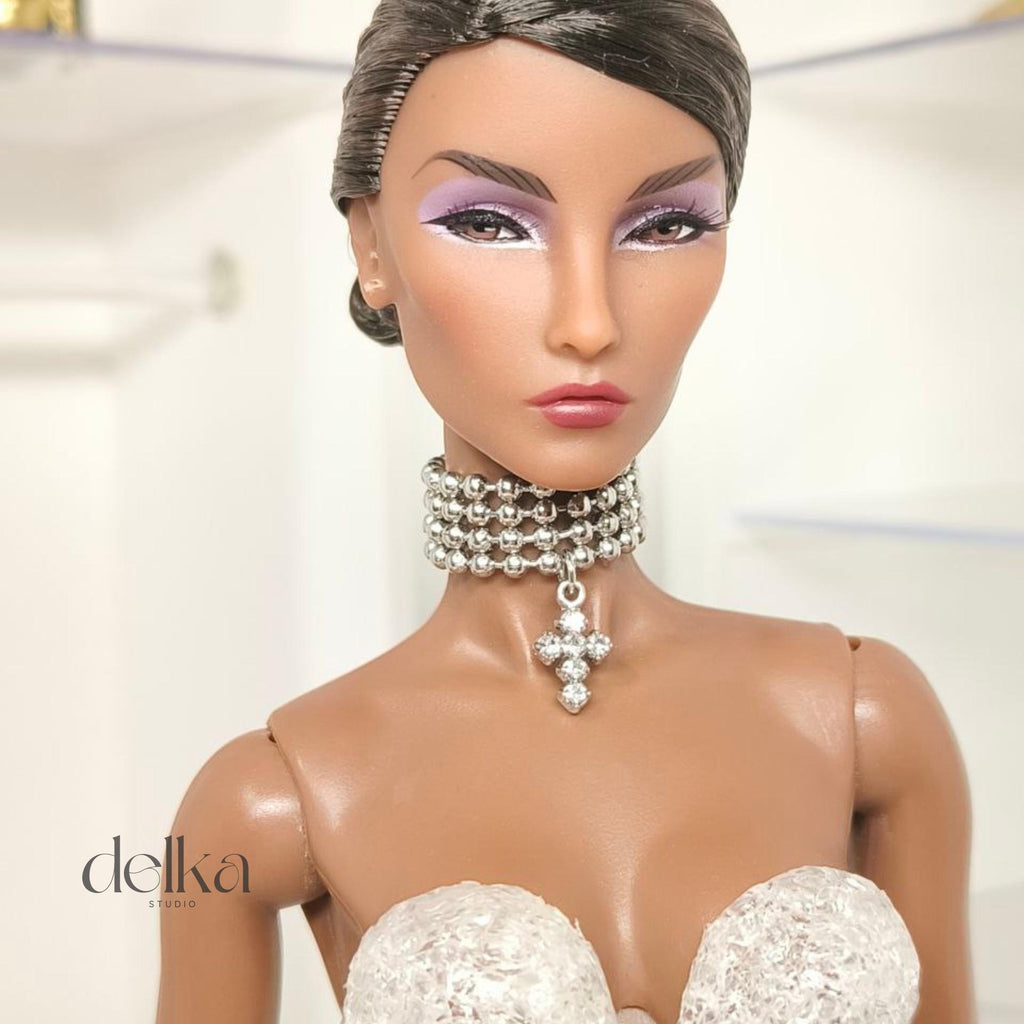Ball Bead Choker with Cross, 12 inch Necklace for Fashion Royalty Dolls