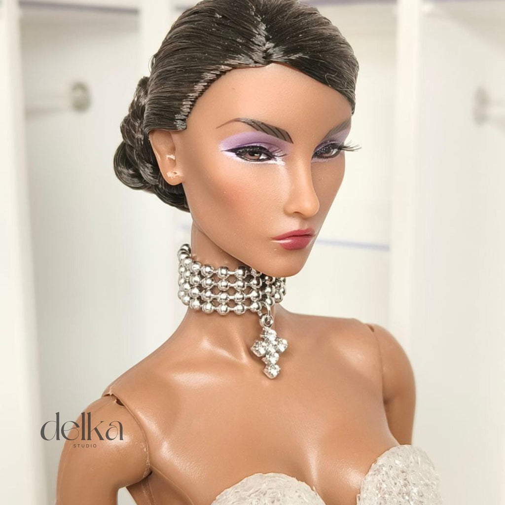 Ball Bead Choker with Cross, 12 inch Necklace for Fashion Royalty Dolls