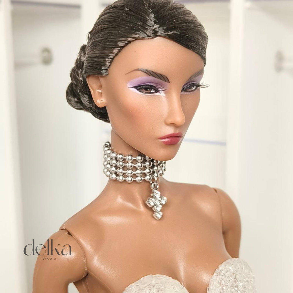 Ball Bead Choker with Cross, 12 inch Necklace for Fashion Royalty Dolls