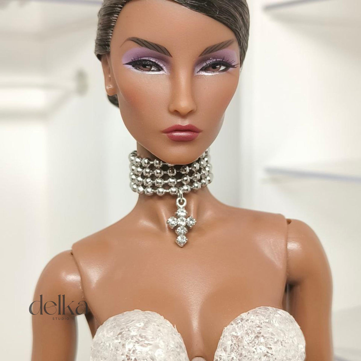 Ball Bead Choker with Cross, 12 inch Necklace for Fashion Royalty Dolls