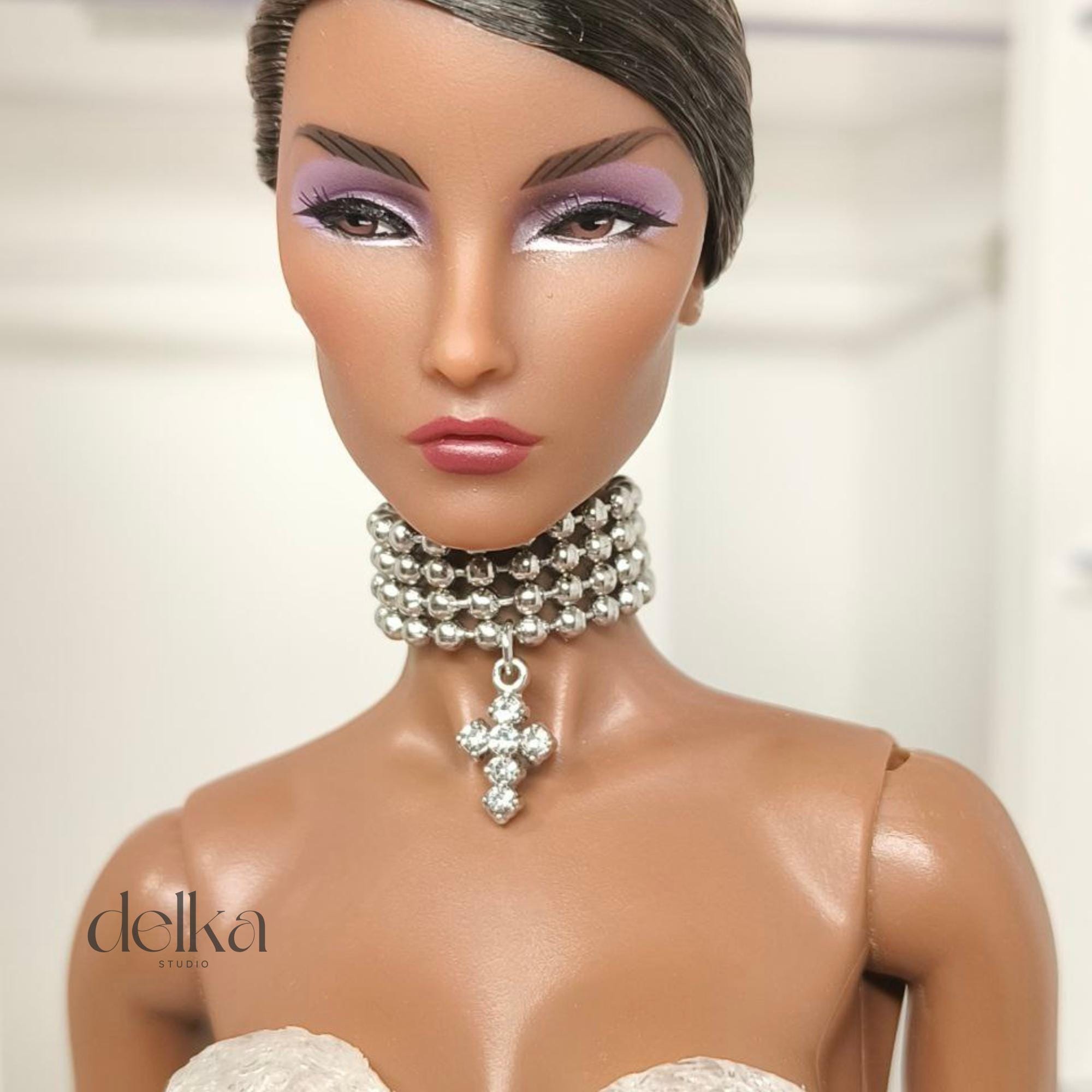 Ball Bead Choker with Cross, 12 inch Necklace for Fashion Royalty Dolls