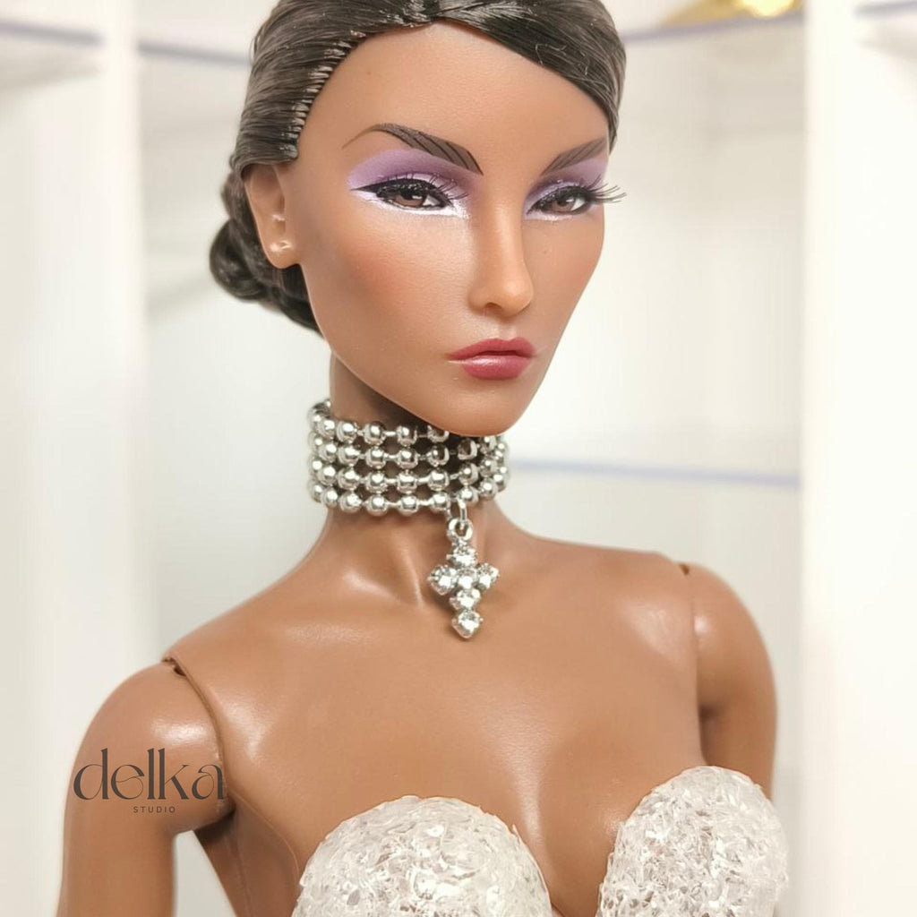 Ball Bead Choker with Cross, 12 inch Necklace for Fashion Royalty Dolls