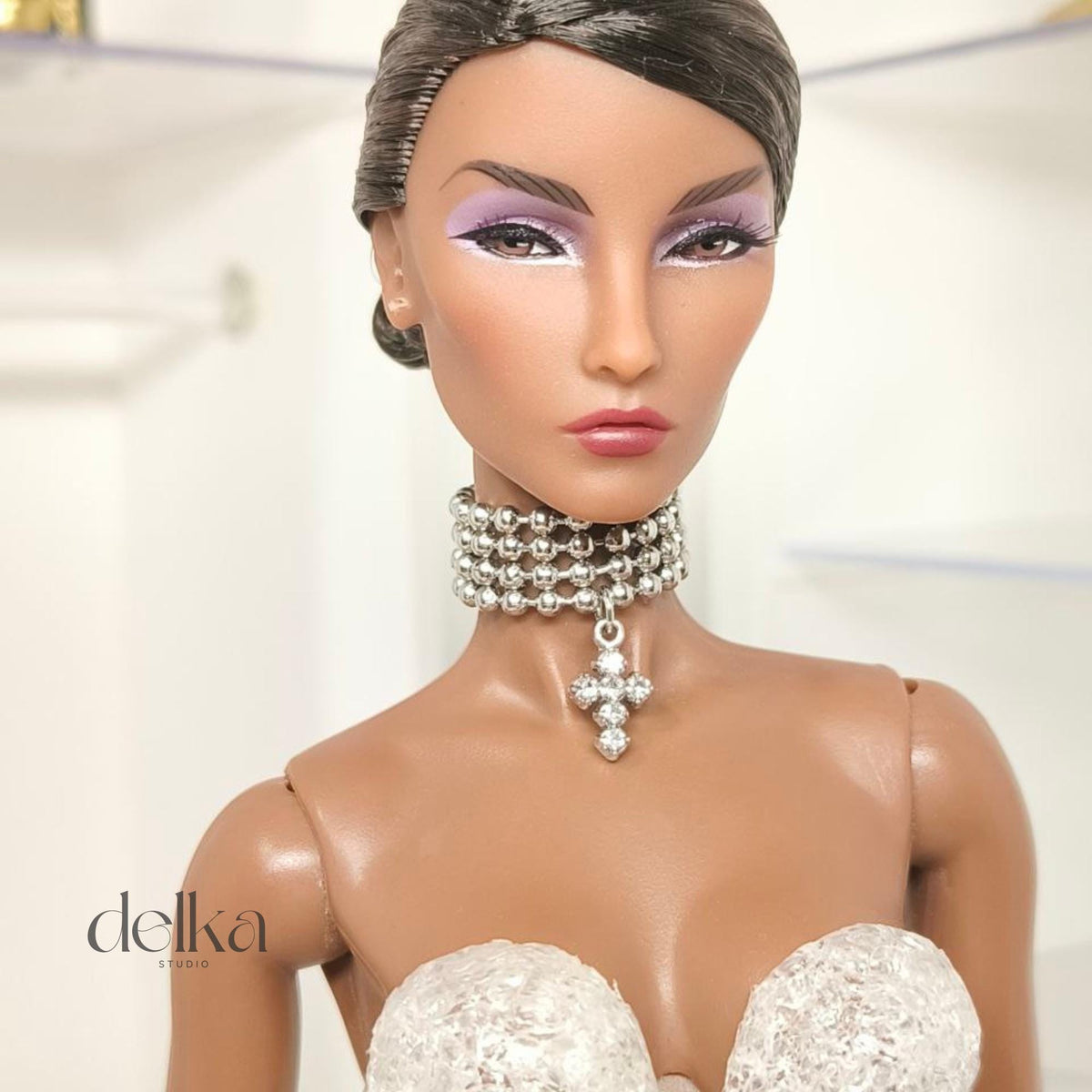 Ball Bead Choker with Cross, 12 inch Necklace for Fashion Royalty Dolls