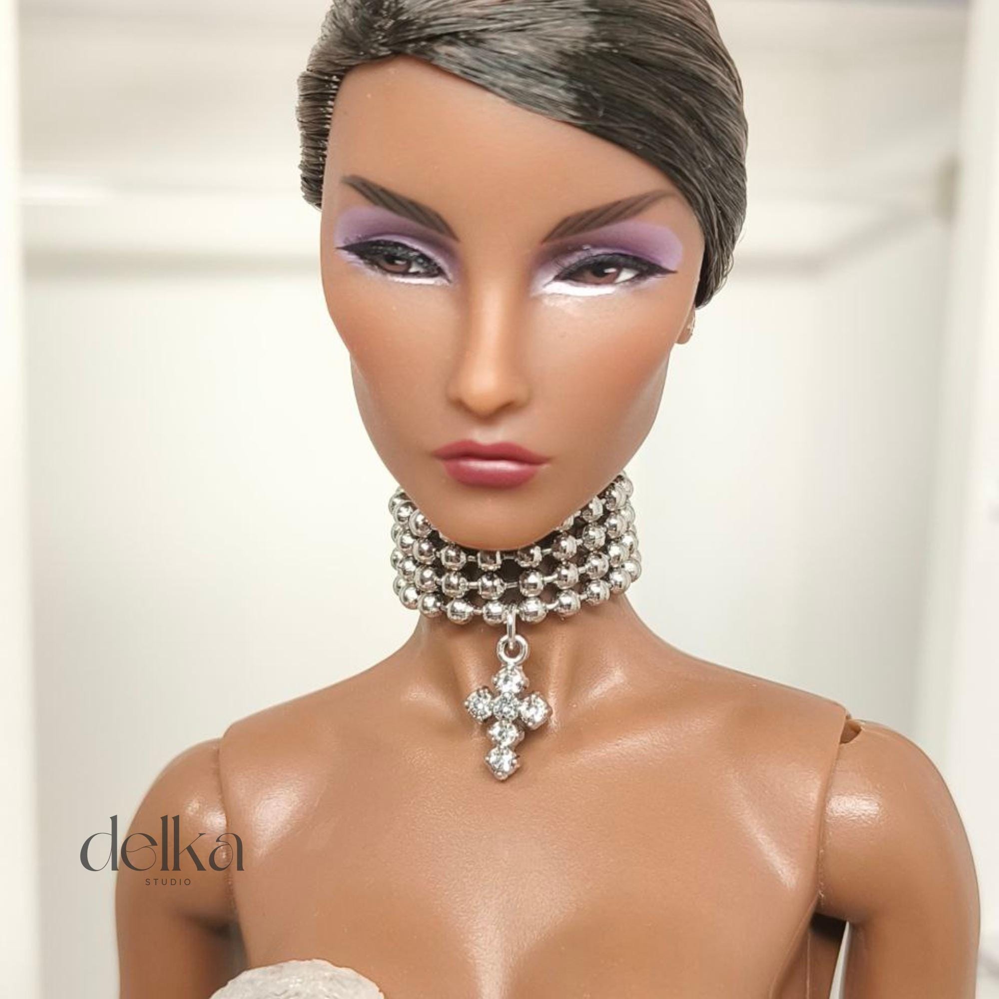 Ball Bead Choker with Cross, 12 inch Necklace for Fashion Royalty Dolls