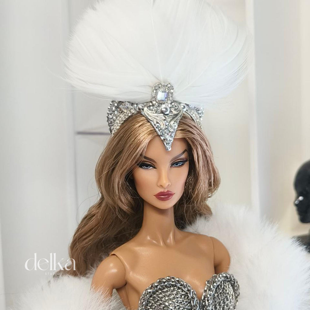 12 inch Miniature Feathered Showgirl Headpiece, 1/6 Scale Fashion Dolls