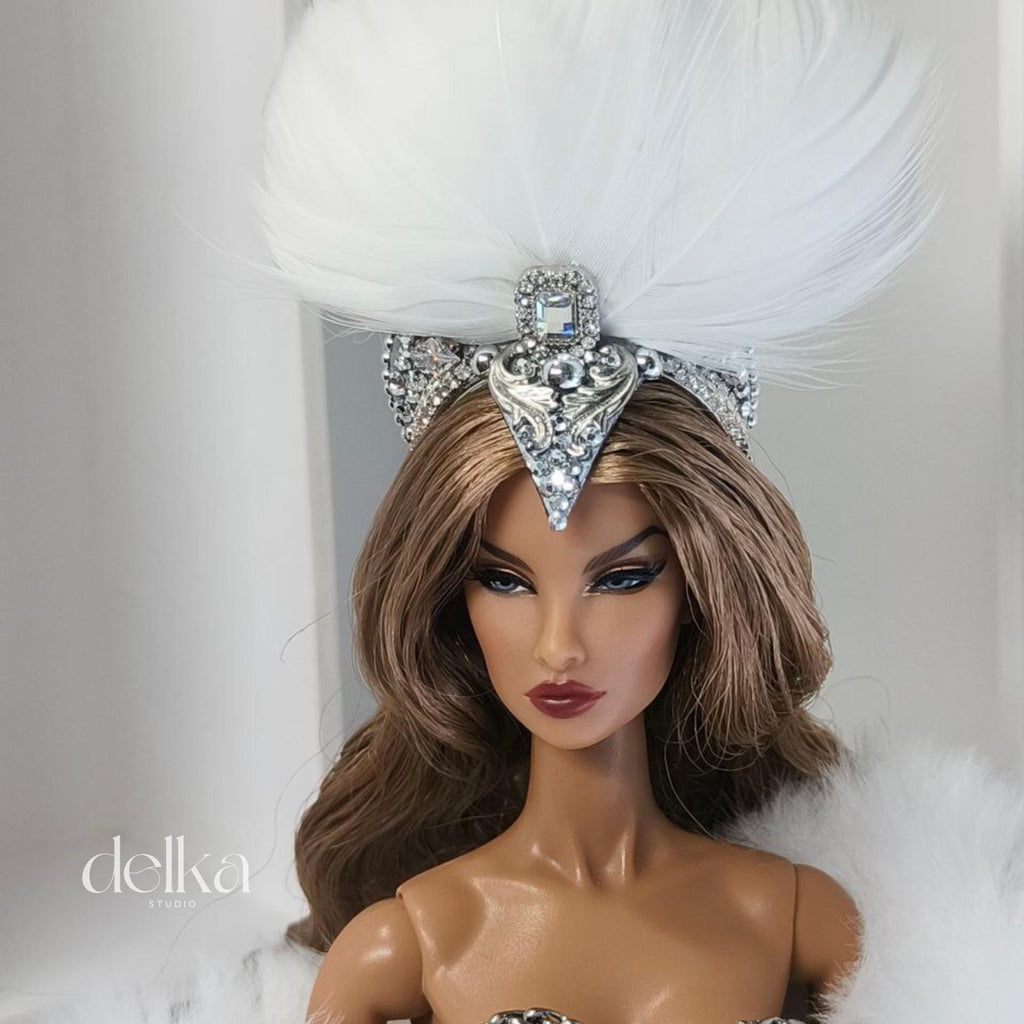 12 inch Miniature Feathered Showgirl Headpiece, 1/6 Scale Fashion Dolls