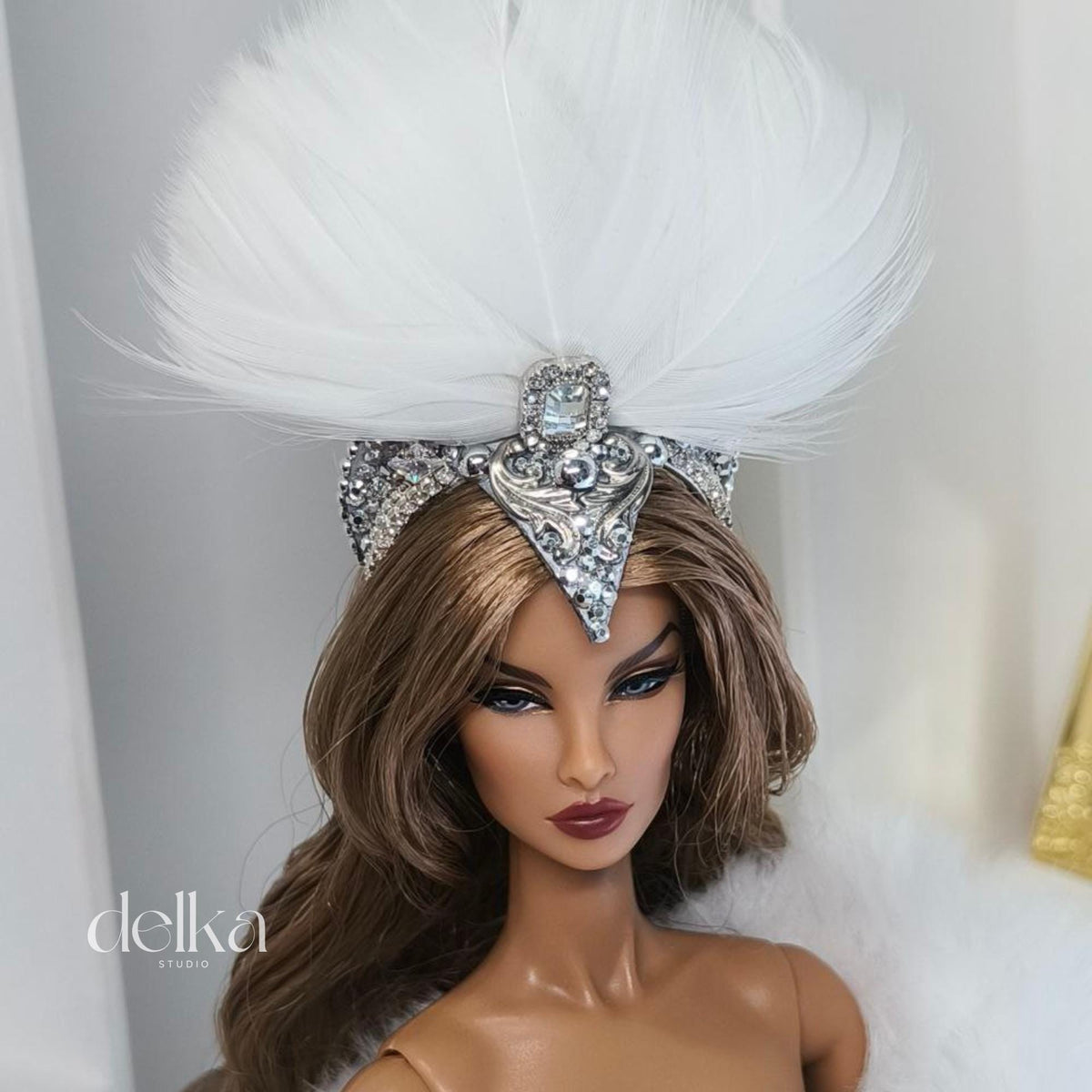 12 inch Miniature Feathered Showgirl Headpiece, 1/6 Scale Fashion Dolls