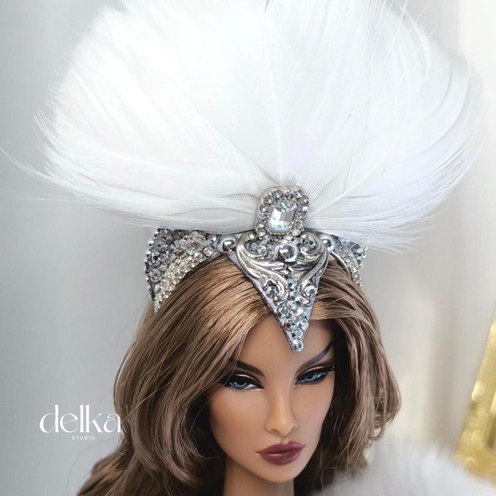 12 inch Miniature Feathered Showgirl Headpiece, 1/6 Scale Fashion Dolls