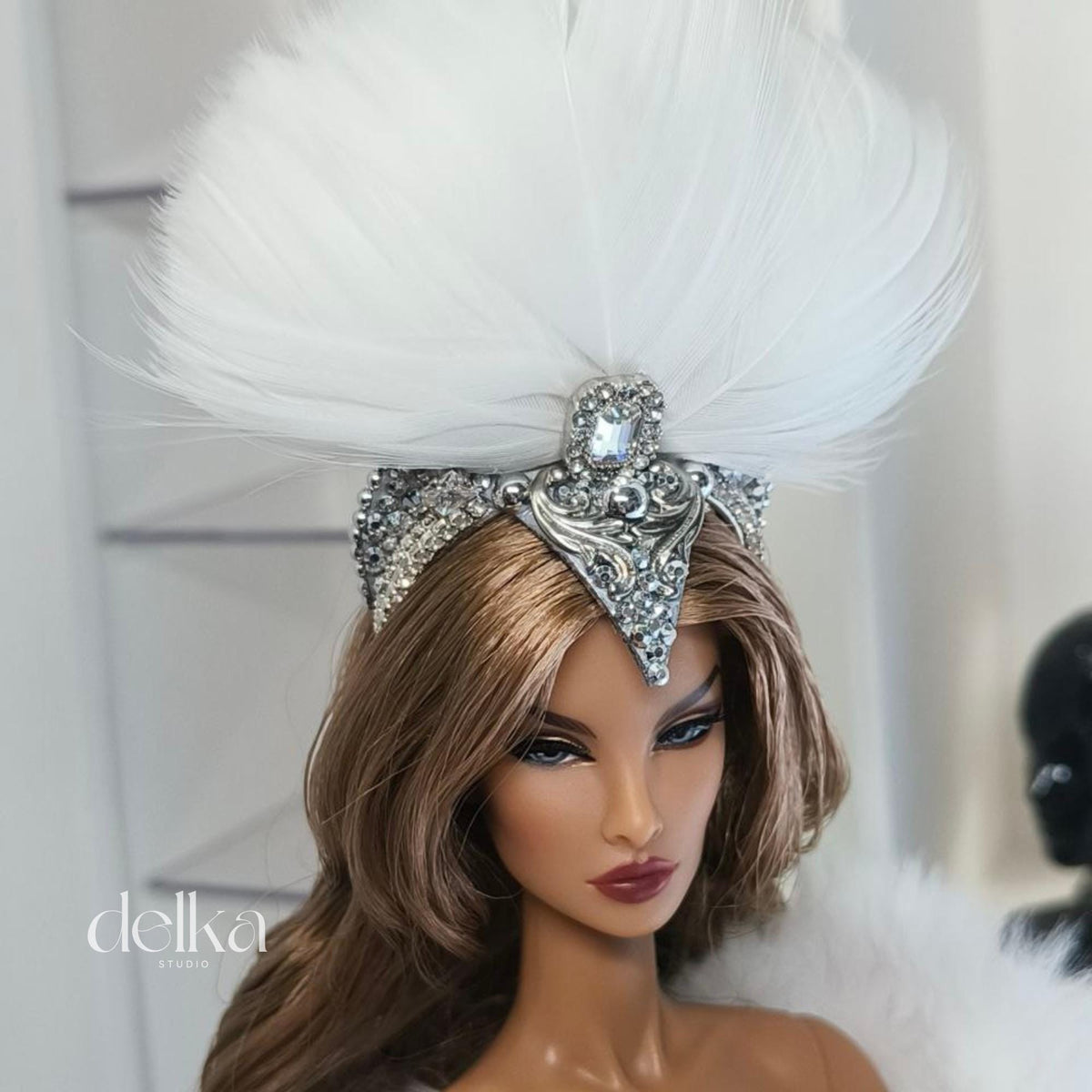 12 inch Miniature Feathered Showgirl Headpiece, 1/6 Scale Fashion Dolls
