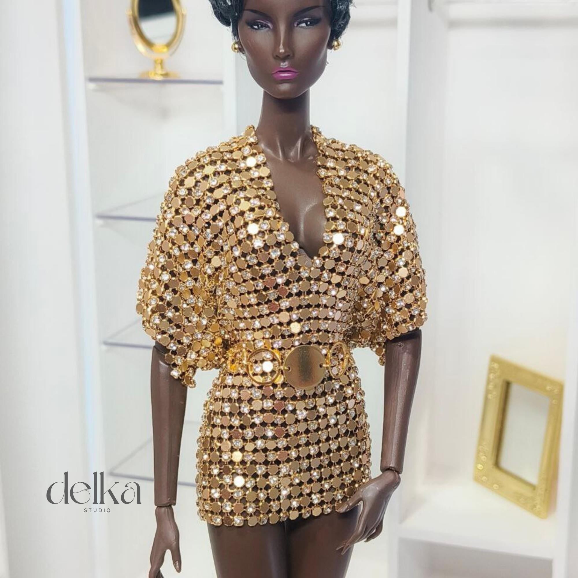 12 inch gold metallic mesh dress and belt for Fashion Royalty, 1:6 scale mesh dress and belt for fashion dolls