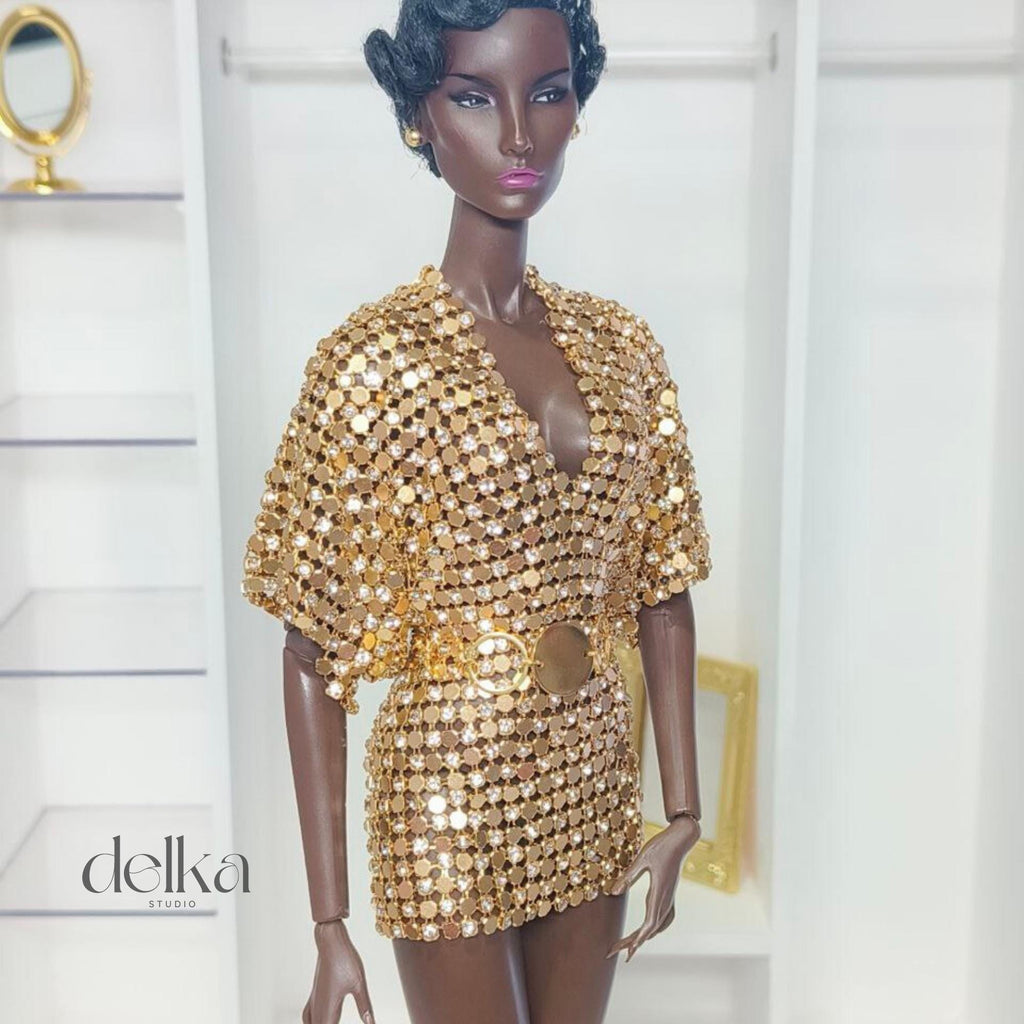 12 inch gold metallic mesh dress and belt for Fashion Royalty, 1:6 scale mesh dress and belt for fashion dolls