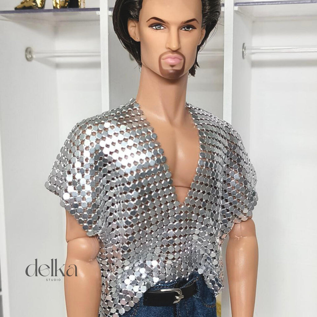 12 inch metallic mesh T-shirt for male Fashion Royalty dolls, 1:6 scale top for man fashion dolls