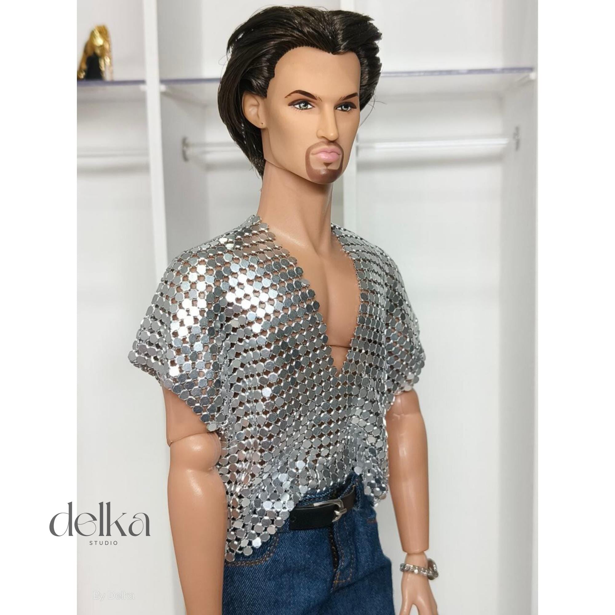 12 inch metallic mesh T-shirt for male Fashion Royalty dolls, 1:6 scale top for man fashion dolls