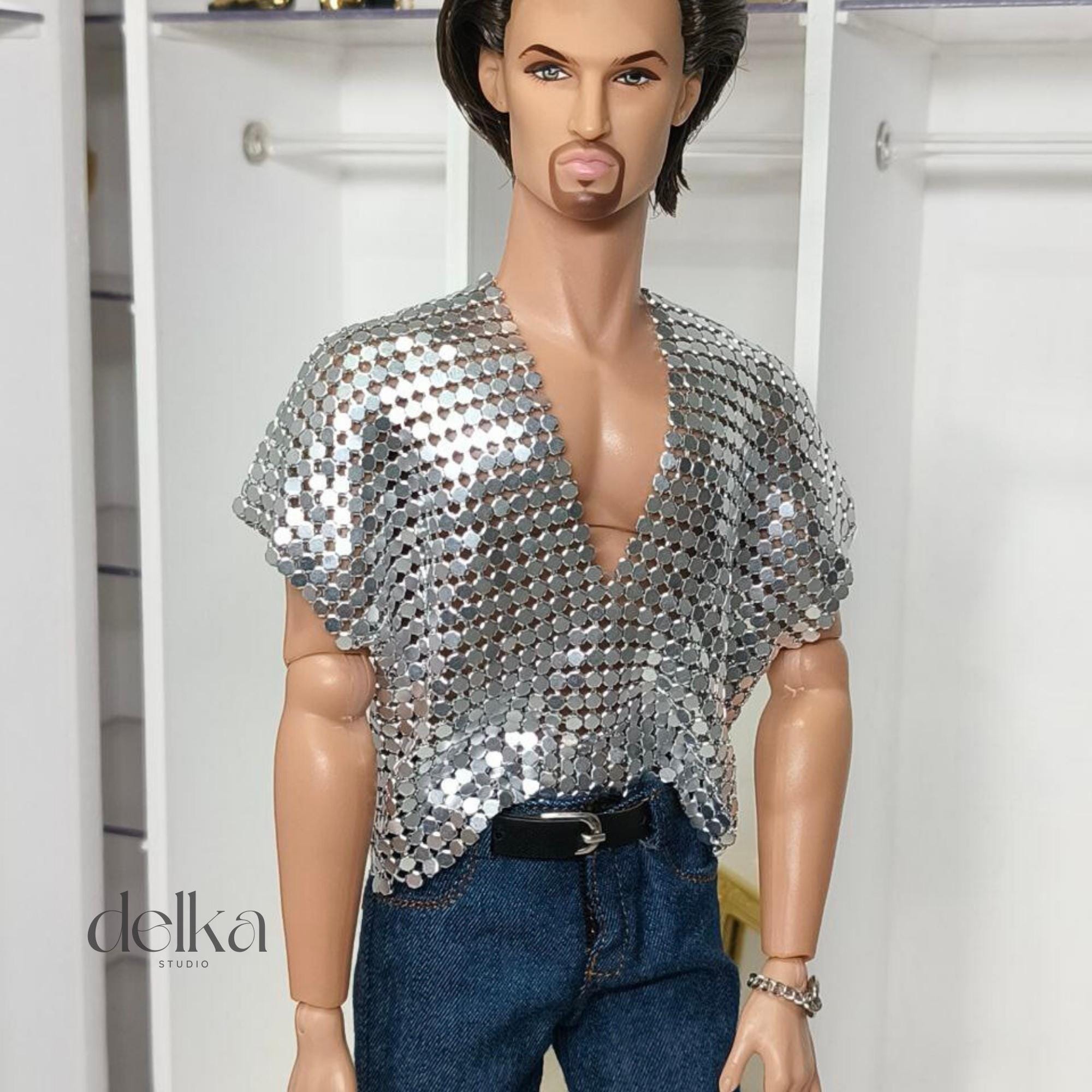 12 inch metallic mesh T-shirt for male Fashion Royalty dolls, 1:6 scale top for man fashion dolls
