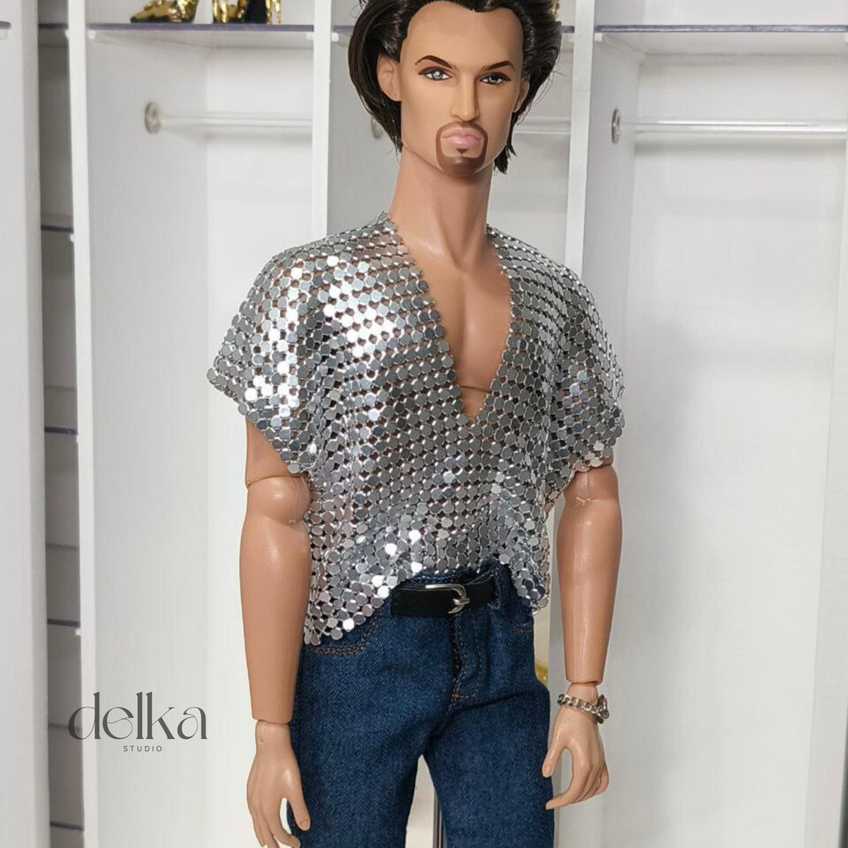 12 inch metallic mesh T-shirt for male Fashion Royalty dolls, 1:6 scale top for man fashion dolls