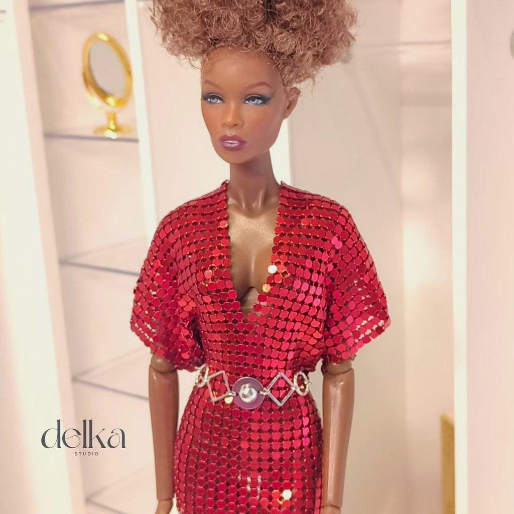 Red Metallic Mesh Dress for Fashion Royalty, 1:6 scale