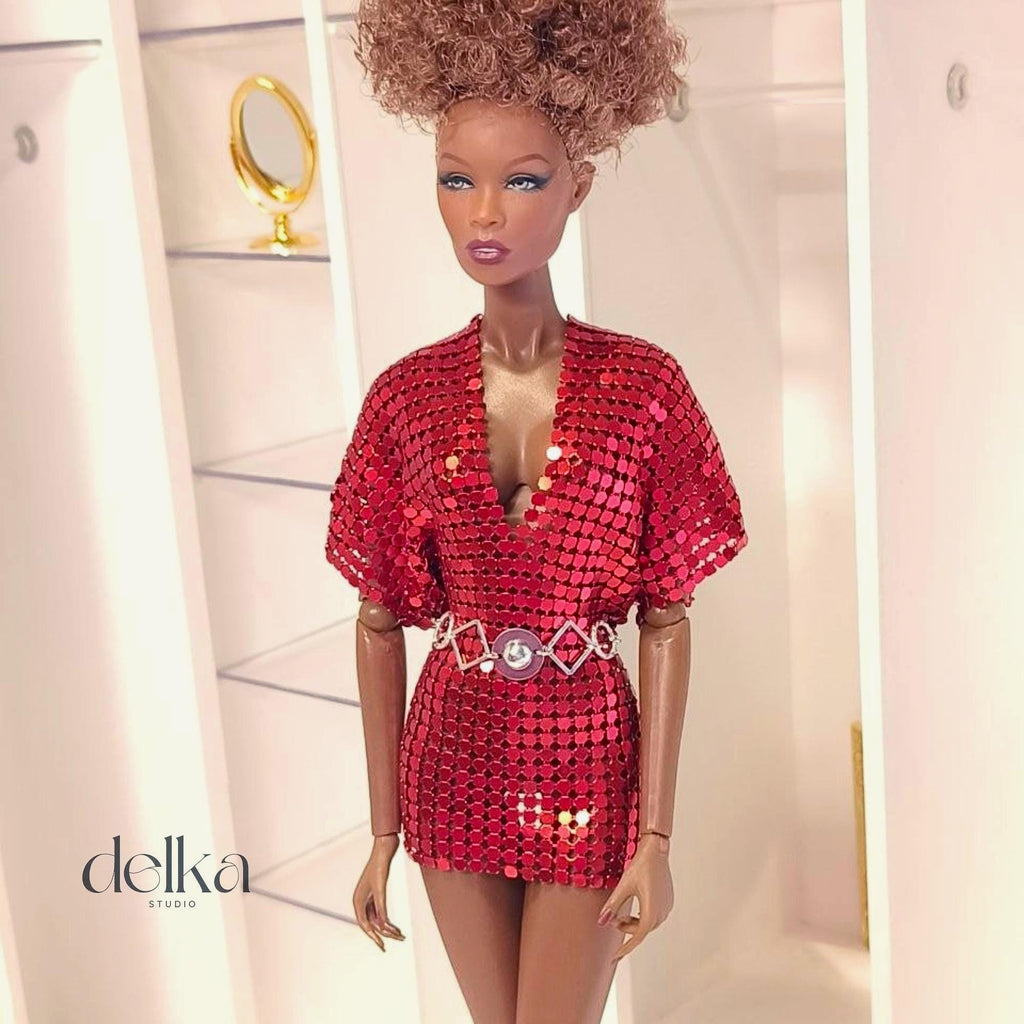 Red Metallic Mesh Dress for Fashion Royalty, 1:6 scale