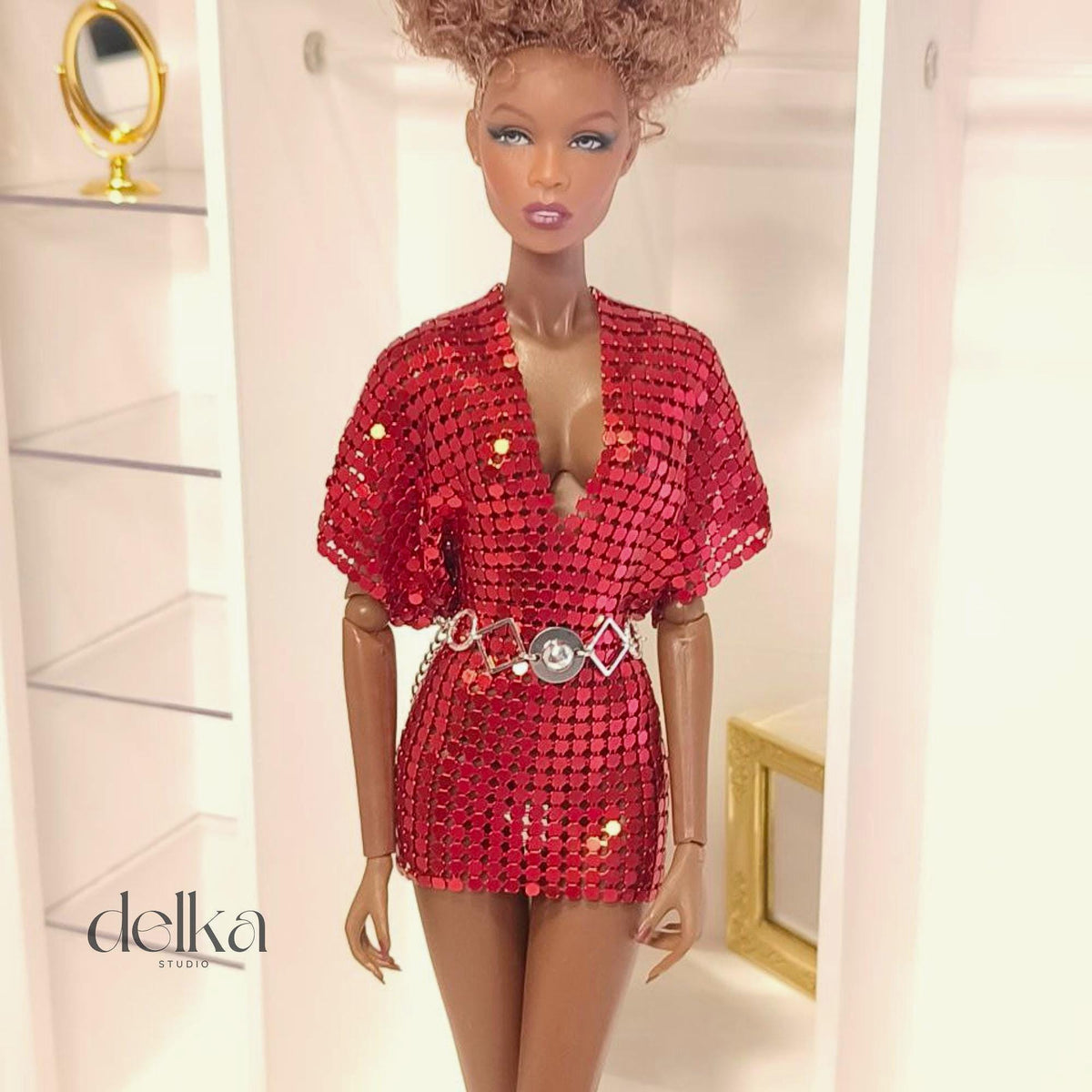Red Metallic Mesh Dress for Fashion Royalty, 1:6 scale