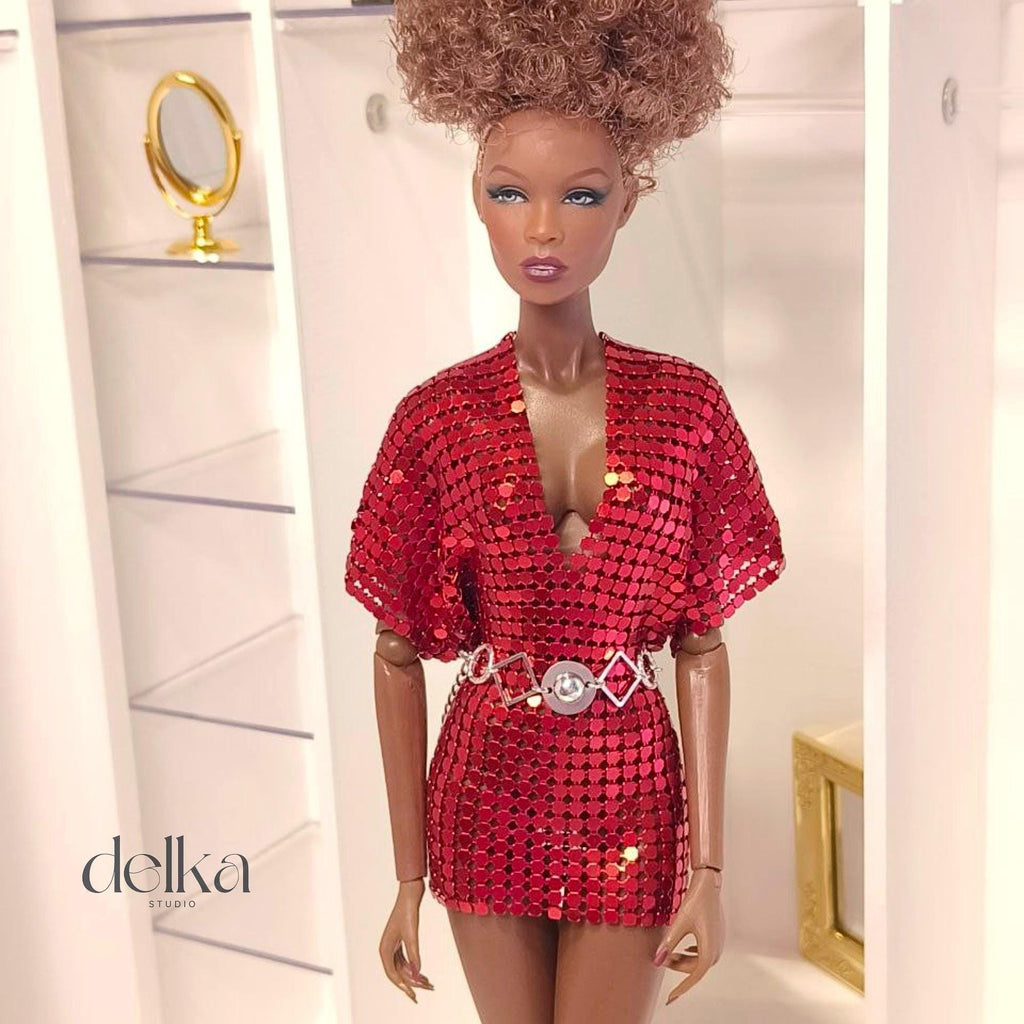 Red Metallic Mesh Dress for Fashion Royalty, 1:6 scale