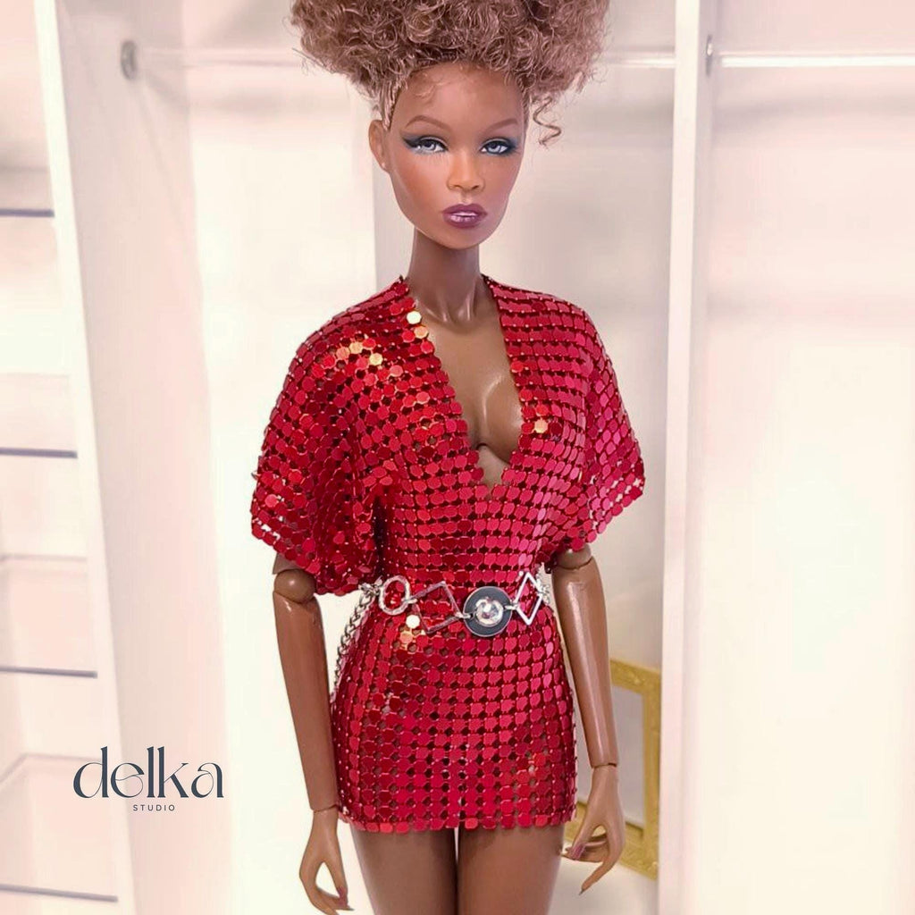 Red Metallic Mesh Dress for Fashion Royalty, 1:6 scale