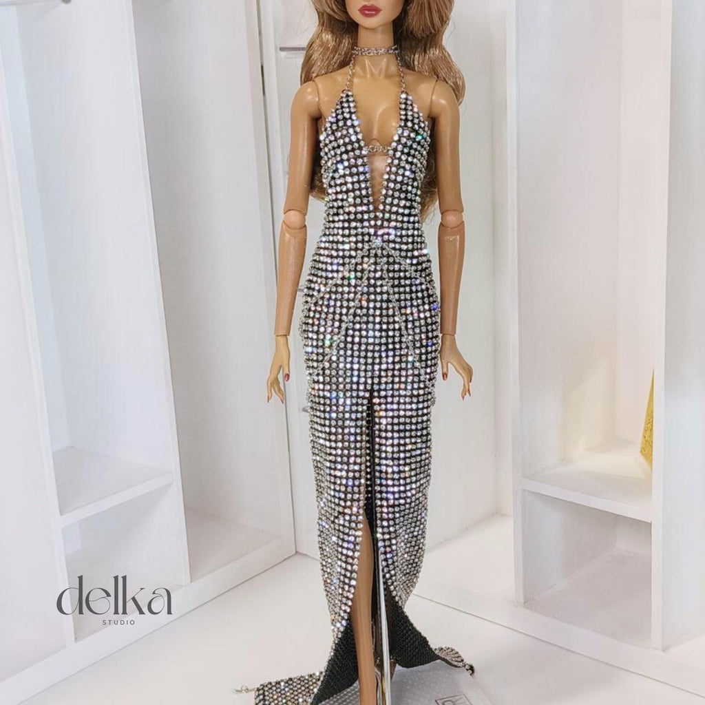12-inch metallic mesh dress with sparkles for Fashion Royalty dolls, 1:6 scale long party dress for fashion dolls