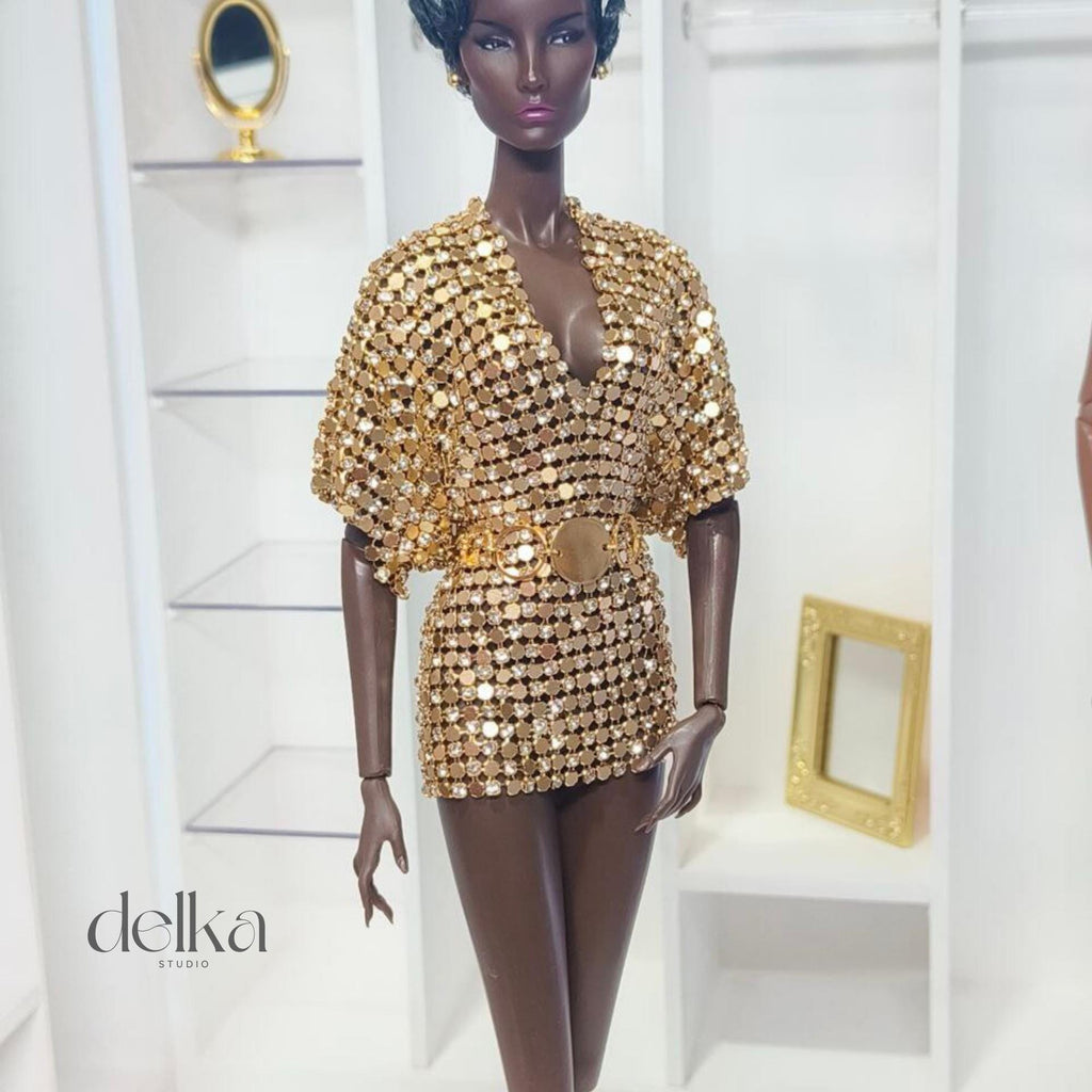 12 inch gold metallic mesh dress and belt for Fashion Royalty, 1:6 scale mesh dress and belt for fashion dolls