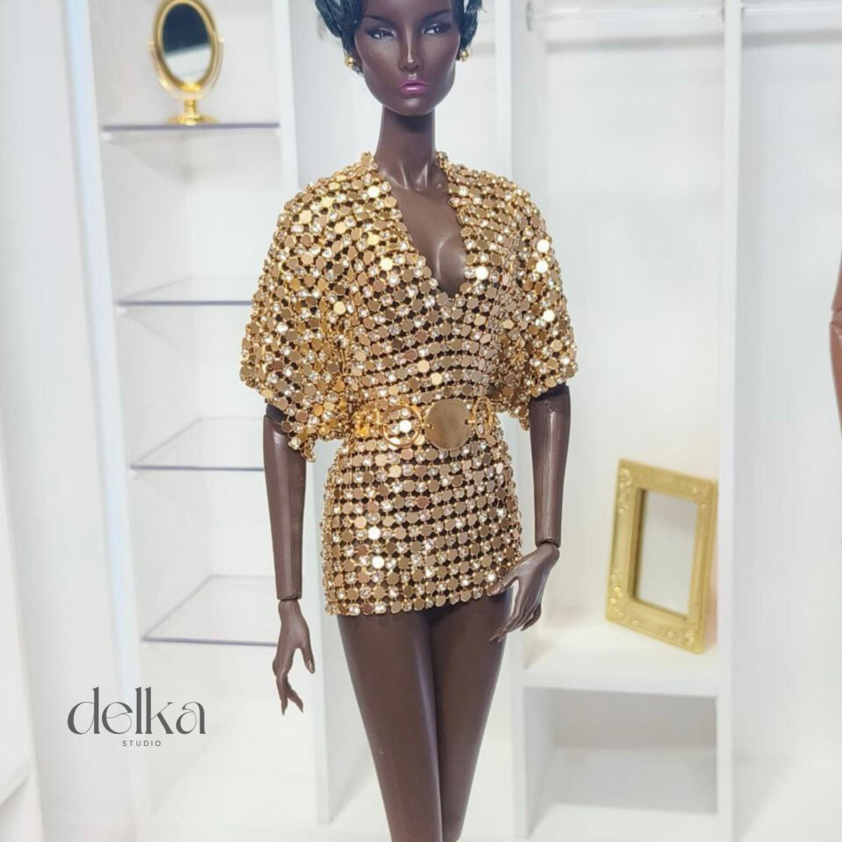 12 inch gold metallic mesh dress and belt for Fashion Royalty, 1:6 scale mesh dress and belt for fashion dolls