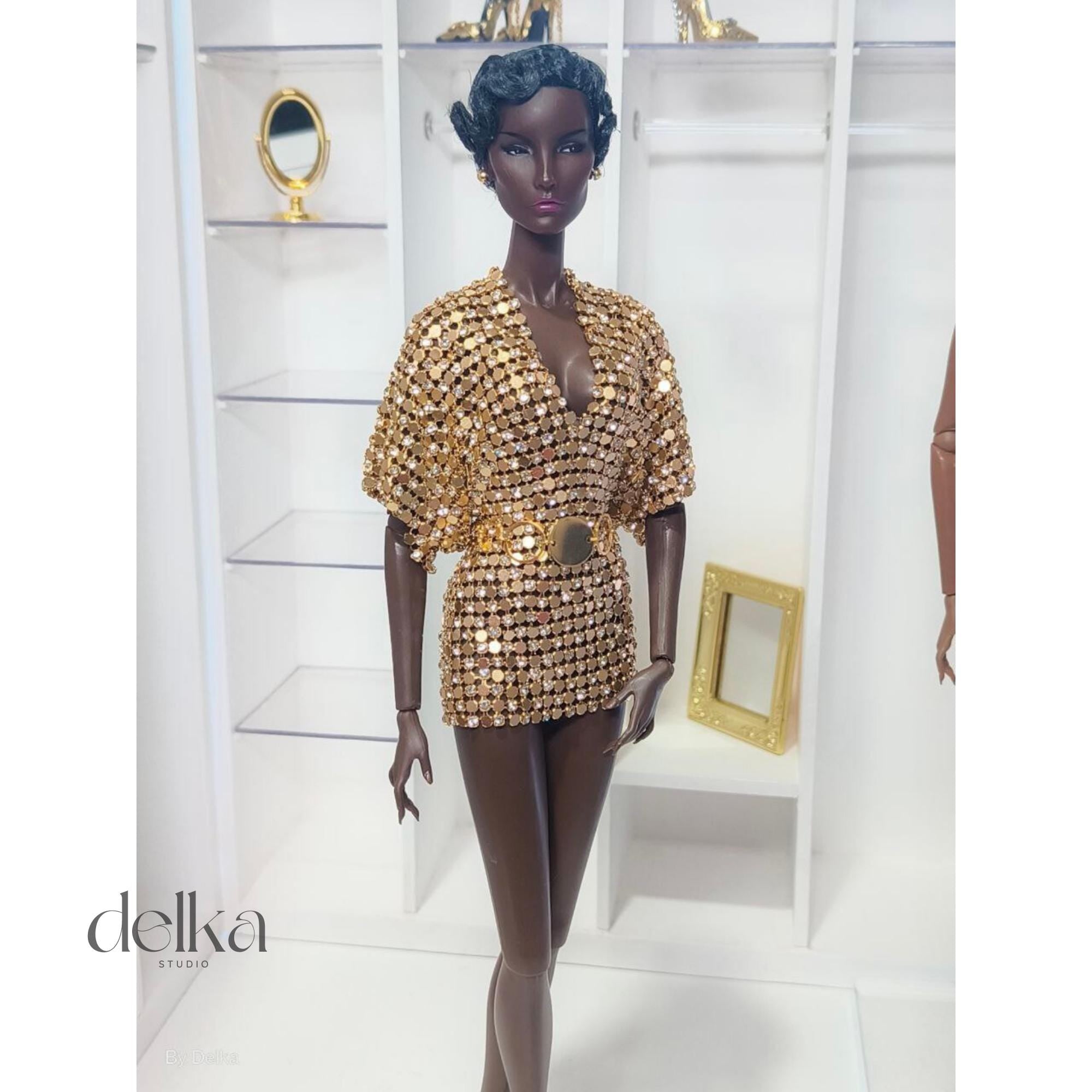 12 inch gold metallic mesh dress and belt for Fashion Royalty, 1:6 scale mesh dress and belt for fashion dolls