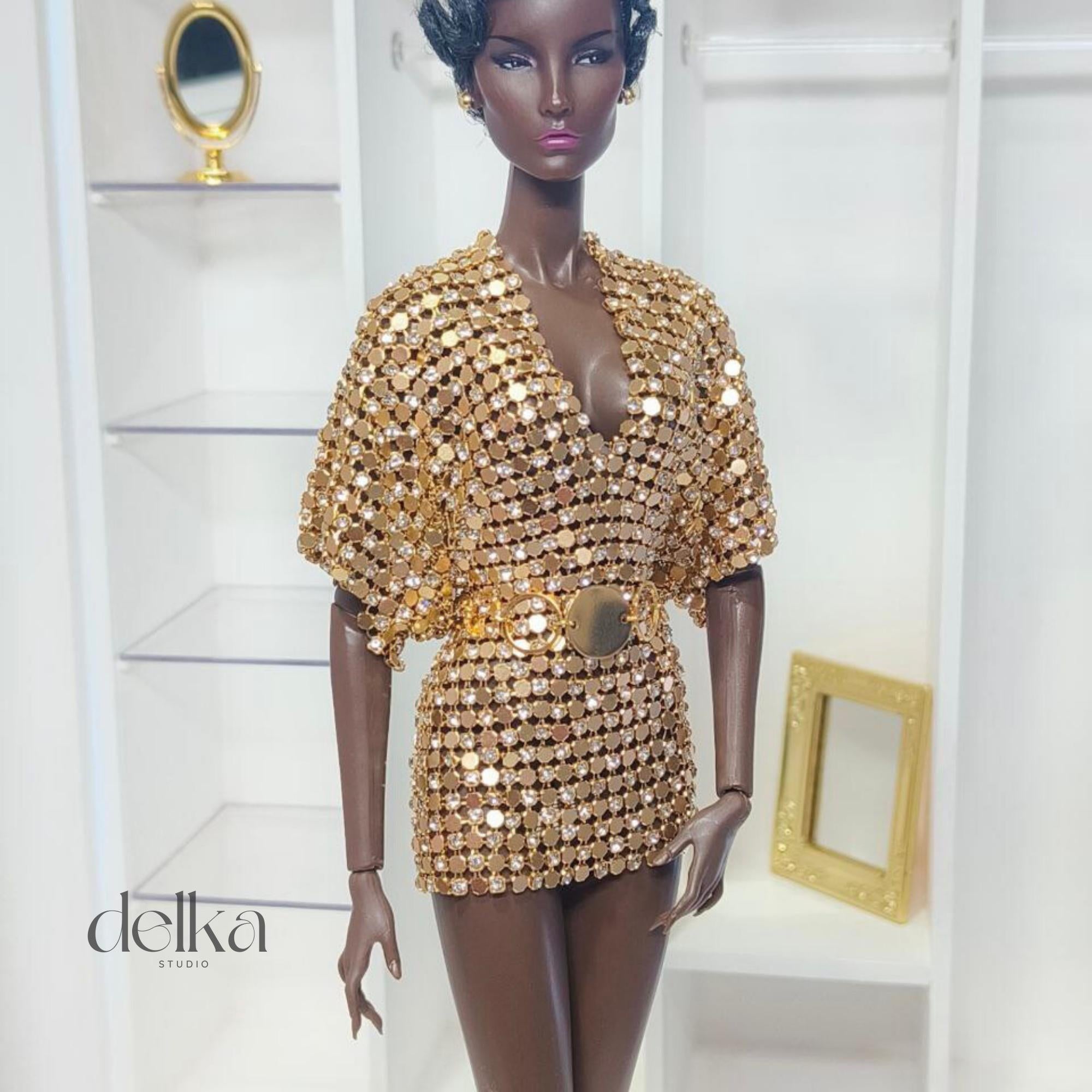 12 inch gold metallic mesh dress and belt for Fashion Royalty, 1:6 scale mesh dress and belt for fashion dolls