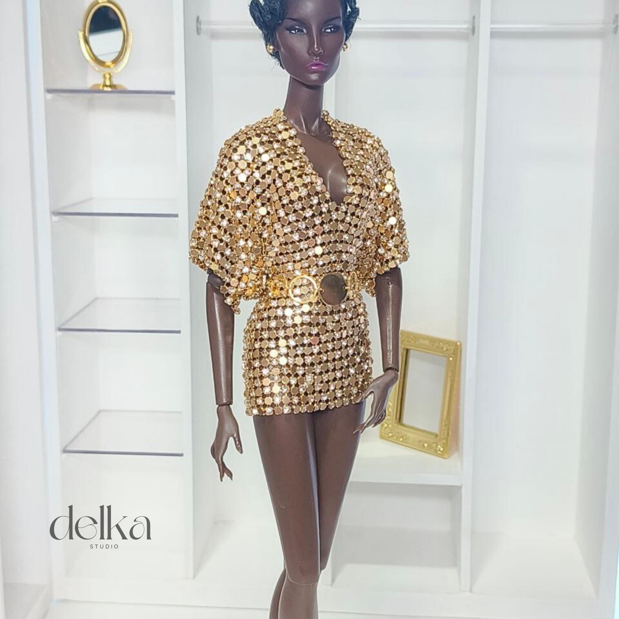 12 inch gold metallic mesh dress and belt for Fashion Royalty, 1:6 scale mesh dress and belt for fashion dolls
