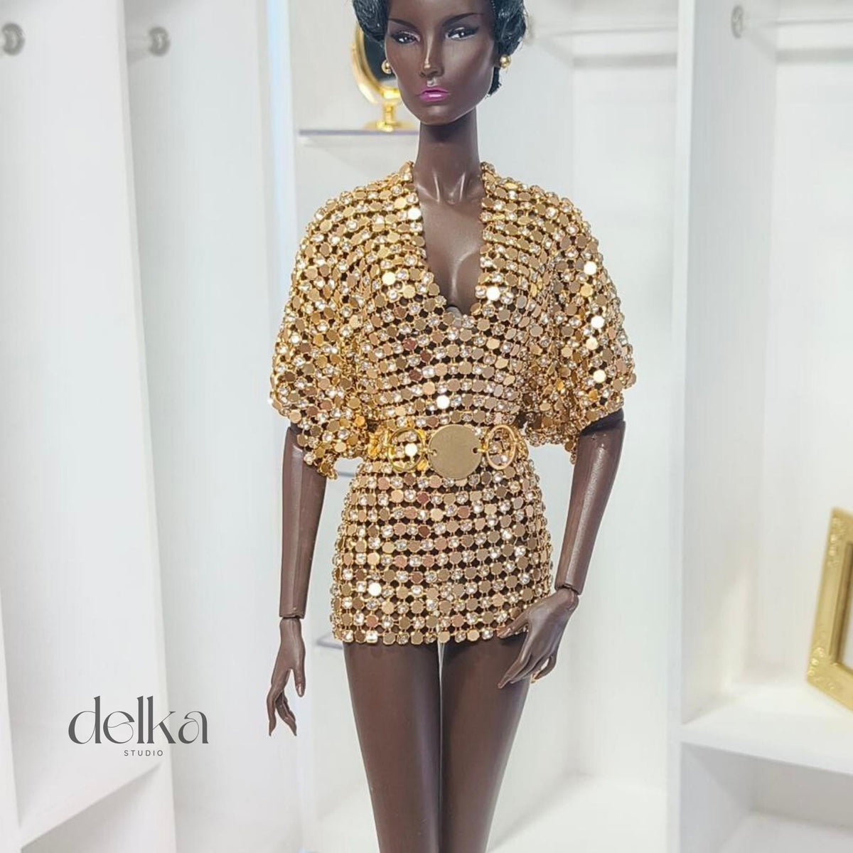 12 inch gold metallic mesh dress and belt for Fashion Royalty, 1:6 scale mesh dress and belt for fashion dolls