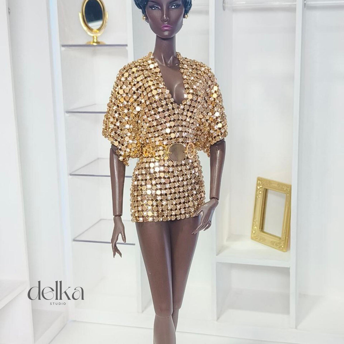 12 inch gold metallic mesh dress and belt for Fashion Royalty, 1:6 scale mesh dress and belt for fashion dolls