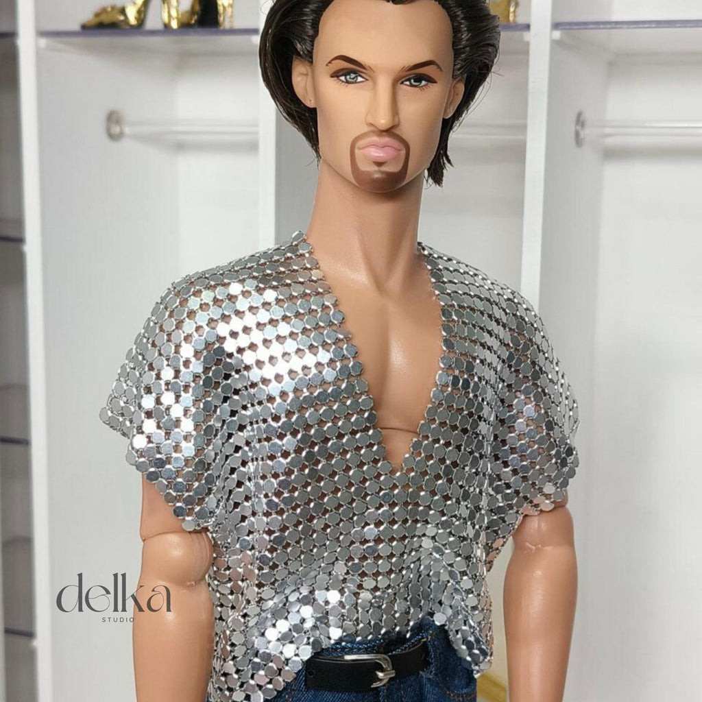 12 inch metallic mesh T-shirt for male Fashion Royalty dolls, 1:6 scale top for man fashion dolls