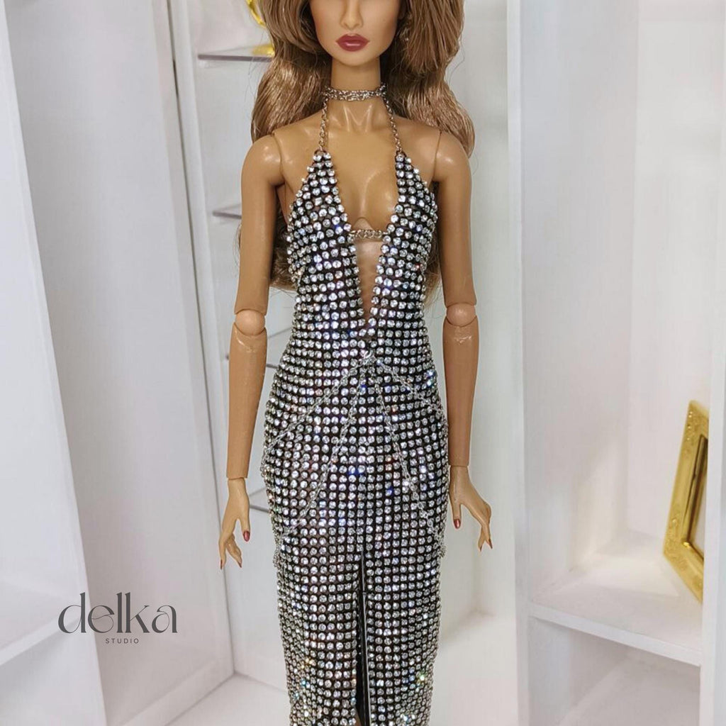 12-inch metallic mesh dress with sparkles for Fashion Royalty dolls, 1:6 scale long party dress for fashion dolls