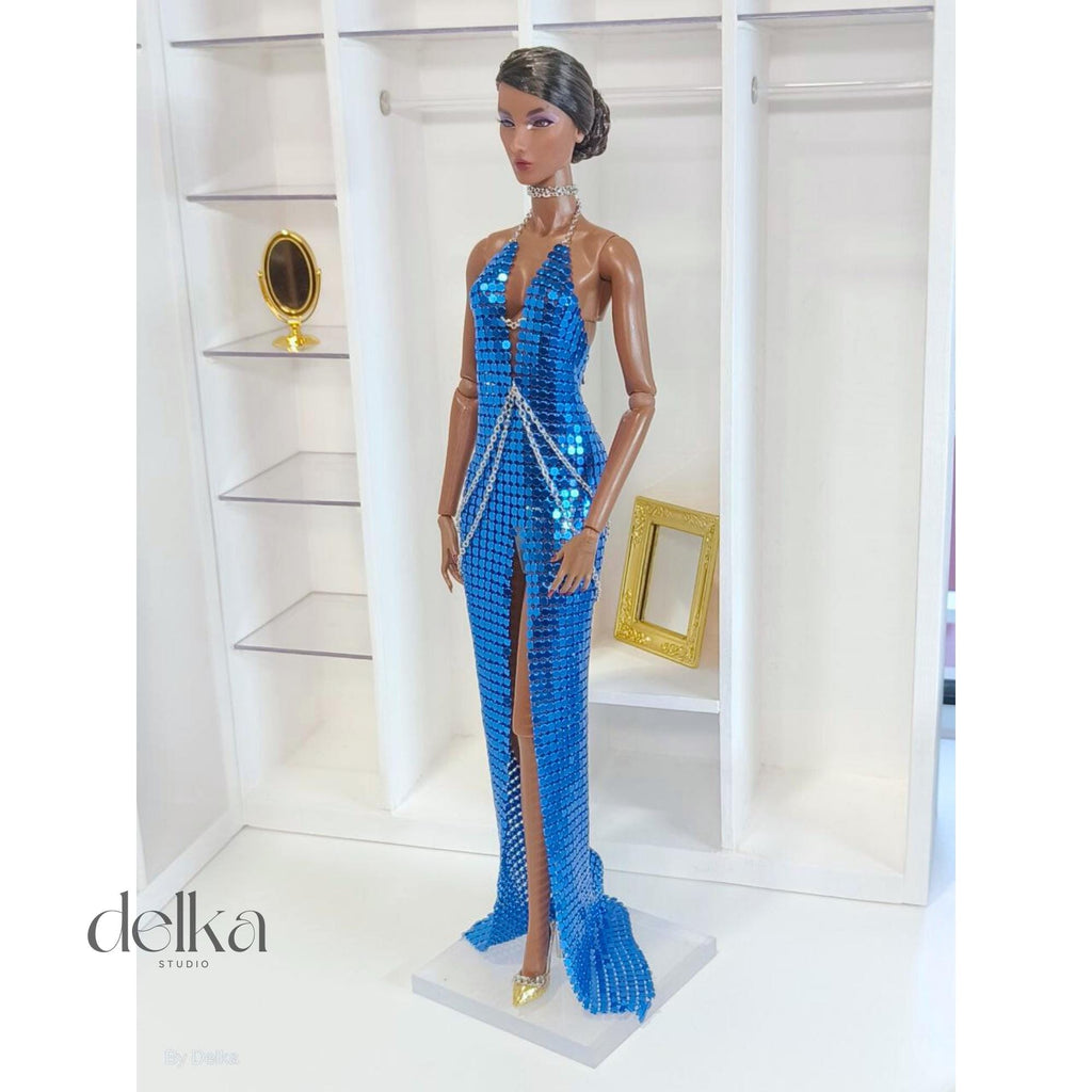 Blue Metal Mesh Dress for 12 inch Fashion Dolls, Gift for Collectors