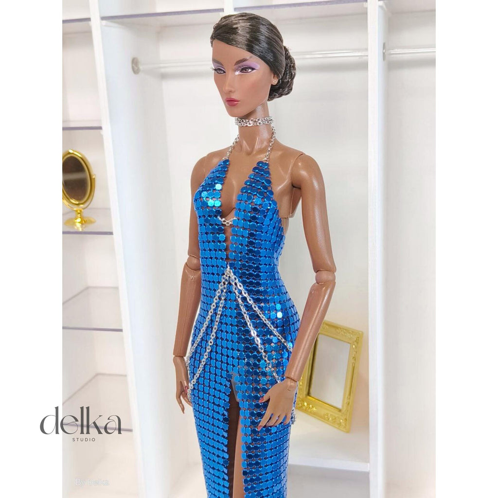 Blue Metal Mesh Dress for 12 inch Fashion Dolls, Gift for Collectors