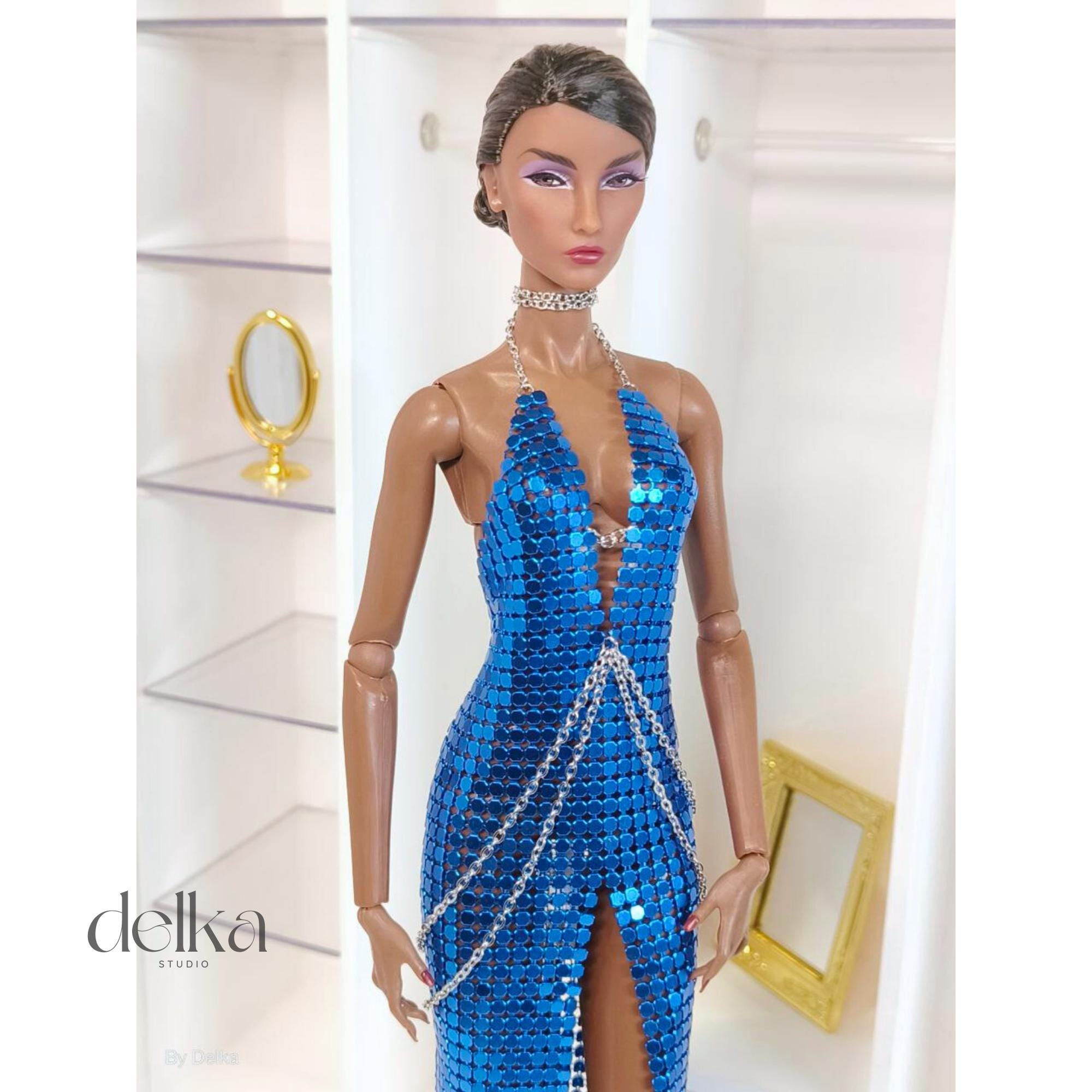 Blue Metal Mesh Dress for 12 inch Fashion Dolls, Gift for Collectors