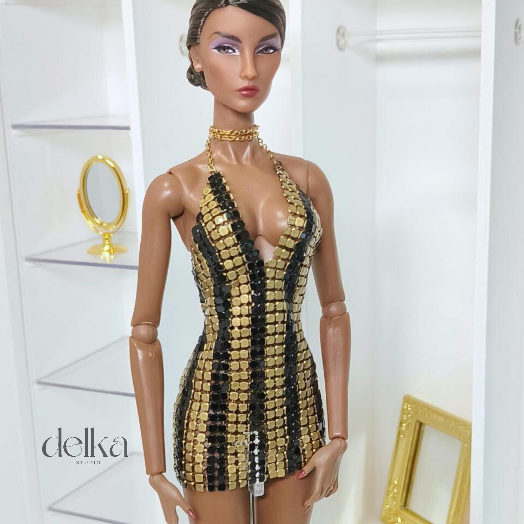 12 inch metallic black and gold dress for Fashion Royalty dolls, 1:6 scale mesh dress for fashion dolls, gift for doll collector