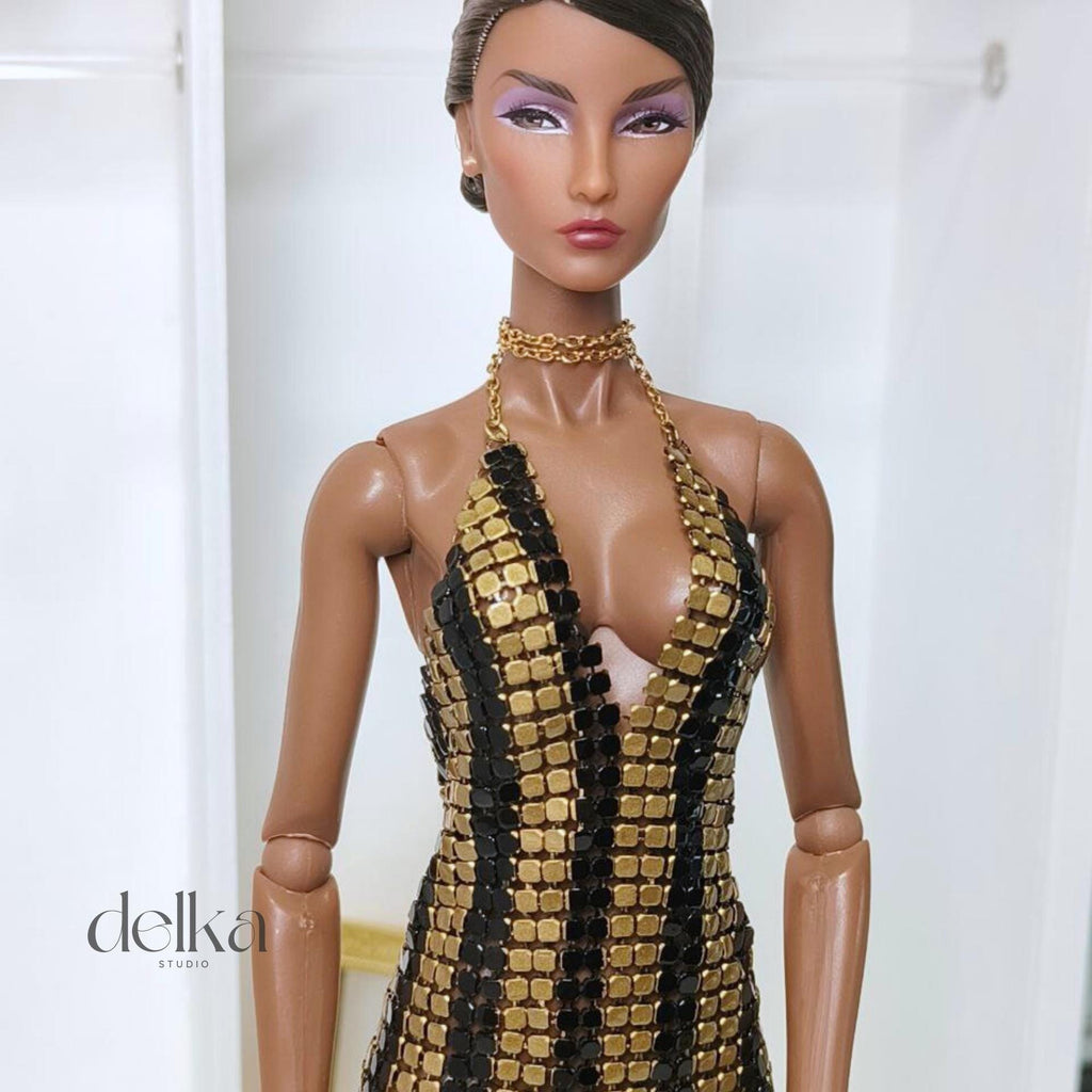 12 inch metallic black and gold dress for Fashion Royalty dolls, 1:6 scale mesh dress for fashion dolls, gift for doll collector