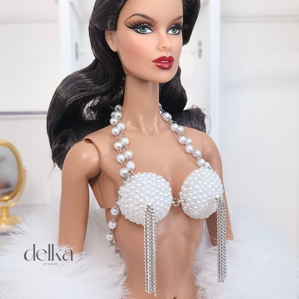 Cabaret Bra Top for 12 inch Fashion Dolls, Pearl & Chain Detail